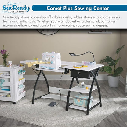 Sew Ready Comet Plus Craft Sewing Table, 56.75 x 23.5" Overall Platform Size with Accurate Fabric Cutting Grid-Top and Storage Drawer, Black/White