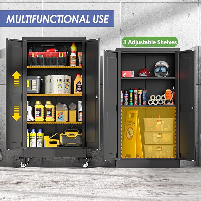 45.6" Metal Garage Storage Cabinet with Wheels and Locking Doors and Tall Rolling Steel Tool Cabinet with 3 Adjustable Shelves for Garage,Home,Office,Shop (Black, 45.6''H x 23.7''W x11.8''D)