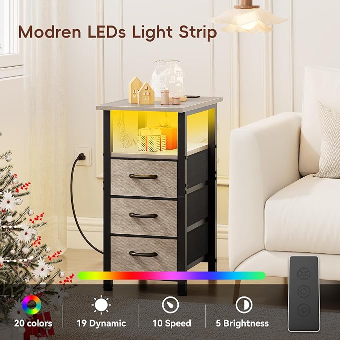 Vagusicc Nightstand with Charging Station and LED Lights, Narrow End Table, LED Night Stand with 3 Fabric Drawers for Bedroom, Small Side Table for Small Spaces, Greige