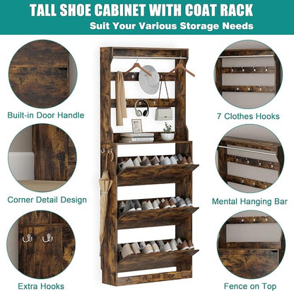 Shoe Cabinet for Entryway with 3 Flip Drawers, Brown Tall Wood Shoe Storage Cabinet with Coat Rack, Narrow Hidden Slim Freestanding Shoe Rack Organizer, 2 in 1 Hall Tree for Living Room, Hallway