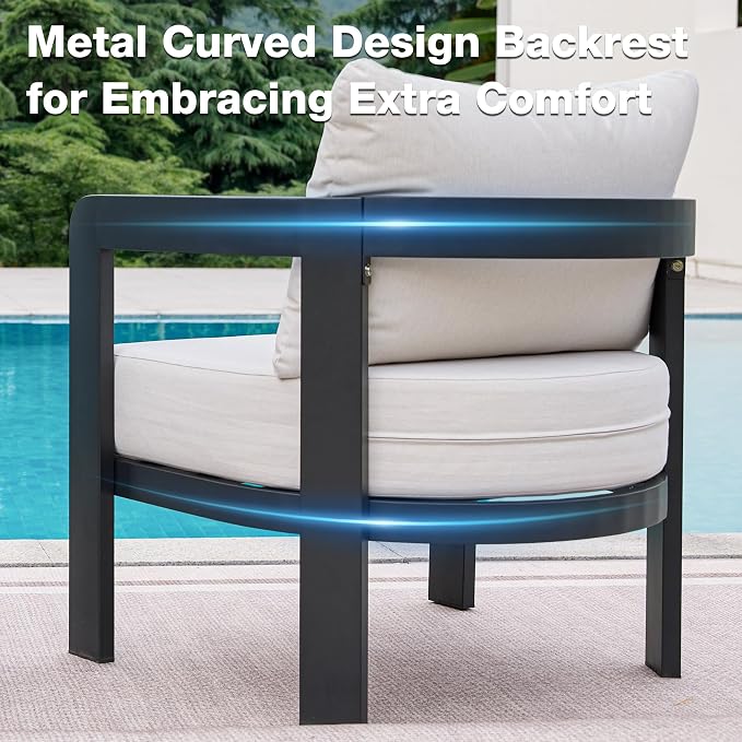 Outdoor Furniture Set, 2Pcs Patio Armchairs, Metal Modern Outside Furniture with 6'' Thick Cushions, Outdoor Conversation Set Balcony Chairs for Backyard, Porch,Deck, White