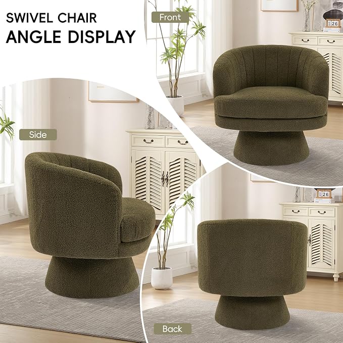CANMOV Swivel Accent Chair with Armrest Set of 2, Modern 360 Degree Swivel Barrel Chair with Curve Back and Soft Cushion,Comfy Round Sherpa Teddy Armchair Single Sofa for Living Room, Green