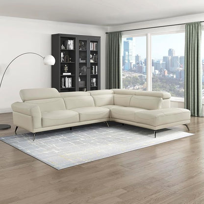 Lexicon L-Shaped Sectional Couch with Right Chaise, Top Grain Leather Match Sectional Sofa, Adjustable Headrests, Black Chrome Metal Legs, High-Density Cushions, Stitching, for Living Room, Beige