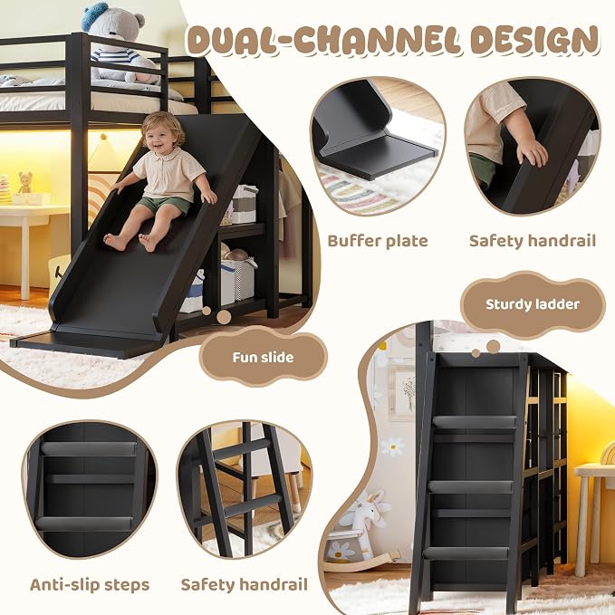 Bellemave Twin Loft Bed with Slide & Ladder, Metal Kids Loft Bed with Storage Drawers & LED Lights, Low Loft Bed Twin Size with Wood Wardrobe & Bookcase, Loft Bed for Kids Teens, Black