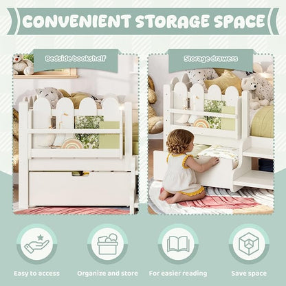 Bellemave Twin Montessori Bed with Stairs, Lights, Rails and Slats, Twin Size Montessori Floor Bed with Bookshelf and 2 Storage Drawers, Easy Assemble Beds Frame for Girls, Boys, Beige