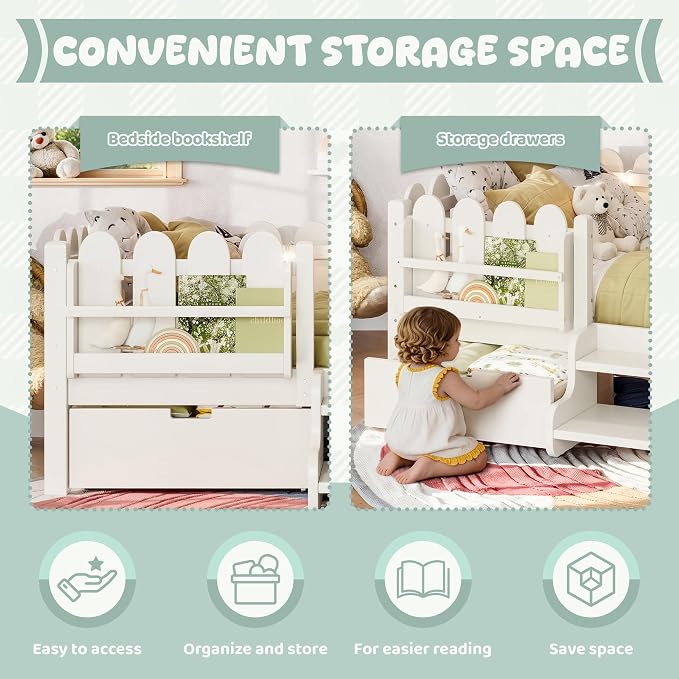 Bellemave Twin Kids Montessori Bed with Stairs, Bookshelf and LED Lights, Solid Wood Kids Bed Frame with Storage Drawers for Boys Girls, Low Profile,Beige