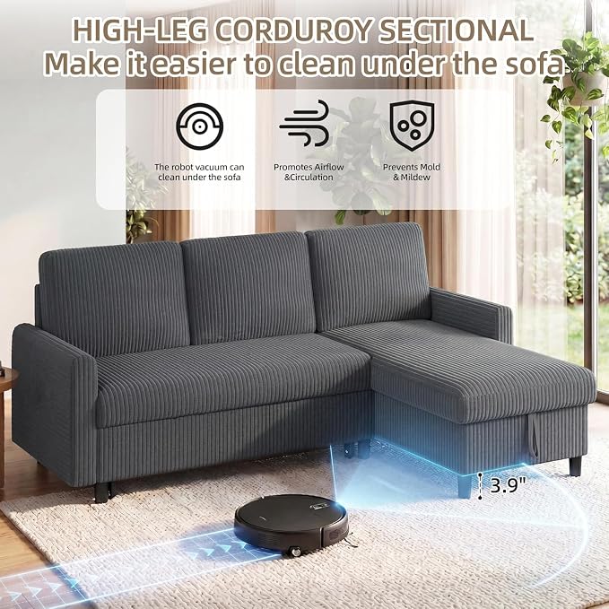 77" Pull Out Sleeper Sofa Bed with Storage Chaise, L-Shaped Corduroy Sectional Couch, 3-Seater Convertible Sofa Bed for Small Space, Apartment & Guest Room, Pet-Friendly & Easy Assembly, Dark Grey