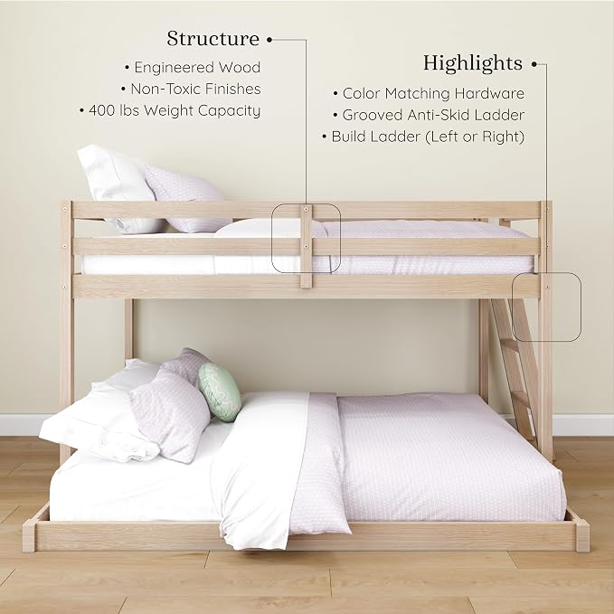 Grain & Grove Bear Twin Over Full Bunk Bed, Low Bunk Bed Frame for Kids, Bunk with Ladder, Guardrail and Slats, No Box Spring Required, Oak Embossed Natural