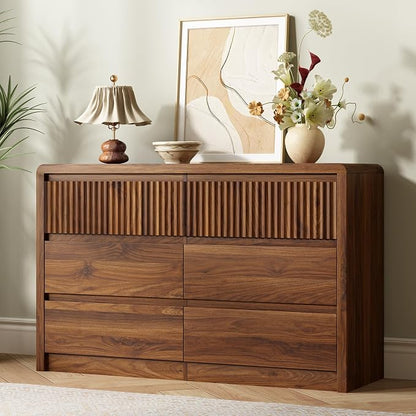 LYNSOM 6 Drawer Dresser for Bedroom, 50" Wide Fluted Dresser with Curved Corners, Wood Dressers & Chests of Drawers with Dual-Panel Design for Bedroom, Entryway, Walnut