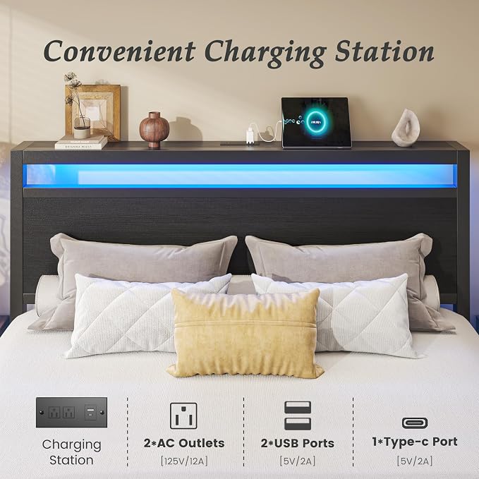 HISOFT Queen Bed Frame with Storage, Wood Headboard with Fast Charging Station, LED Lights, Platform Bed Frame Queen Size, Fabric Drawers with Wheels, No Box Spring Needed, Noise Free, Black
