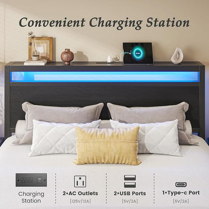 HISOFT Queen Bed Frame with Storage, Wood Headboard with Fast Charging Station, LED Lights, Platform Bed Frame Queen Size, Fabric Drawers with Wheels, No Box Spring Needed, Noise Free, Black