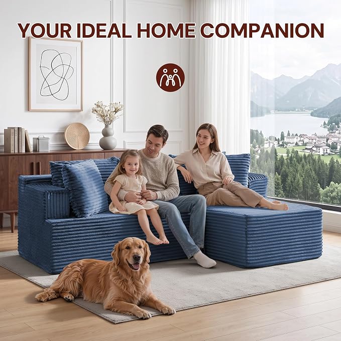 Korser Boneless Couches for Living Room, Cloud Couch Sectional with Ottoman, L-Shaped Sofa with Fluffy Comfy Corduroy Deep Seat, Bedroom, Apartment, No Assembly Required