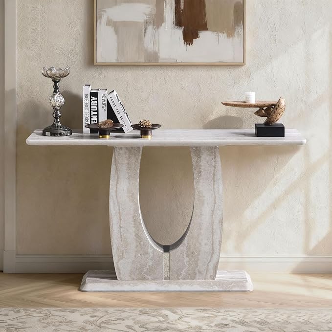 LKTART 55" MDF Console Table for Entryway, Narrow Entryway Table with Faux Mars Marble Pattern, Couch Tables Behind Sofa with U-Shaped Base for Living Room Hallway Foyer, Light