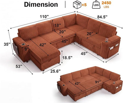 Vipbear 111" Modular Sectional Sleeper Sofa with Pull Out Bed, 7 Seat Plush Corduroy L Shaped Couch with Storage Chaise|USB Ports|Cup Holders|Side Table|Storage Armrests, Tool Free Assembly, Orange