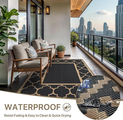 GENIMO 6' x 9' Outdoor Rug Waterproof for Patio Decor, Foldable Reversible Plastic Straw Area Rugs Mat for Camper, Outside Carpet for Rv, Deck, Porch, Picnic, Beach, Balcony, Black & Brown