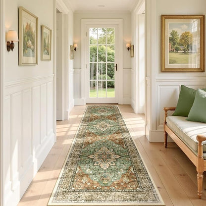 RELEANY Area Rugs Runner 2'x8' Washable Non-Slip, Floral Vintage Distress Medallion Carpet for Kitchen Hallway Bedroom Beside Laundry Room Bathroom, Terracotta Burnt Orange Green