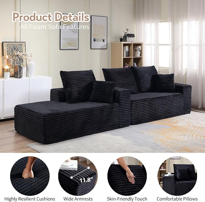 107" W Modular Sectional Sofa, Upholstered Corduroy Cloud Couch with Deep Seat, Modern 3-Seater L-Shaped Sofa for Living Room, No Assembly Required (Black, Right-Facing Chaise)