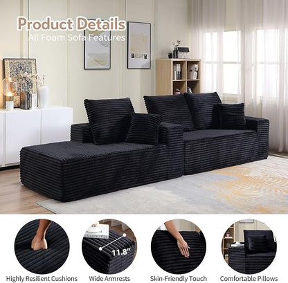 107" W Modular Sectional Sofa, Upholstered Corduroy Cloud Couch with Deep Seat, Modern 3-Seater L-Shaped Sofa for Living Room, No Assembly Required (Black, Right-Facing Chaise)