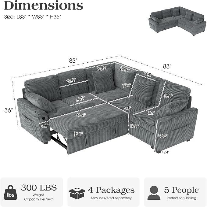 Ihanherry 83-inch 5-Seater Large Sectional Sofa Bed with Storage, Corduroy Reversible Modular Sleeper Sofa with USB Port & 4 Pillows, Convertible L-Shaped Couch for Living Room（Gray）