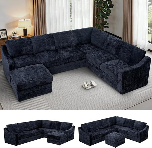 115 Inches Chenille Sectional Sofa with Storage Ottoman, Modern 7 Seats Corner Couch with Deep Seat, Comfy Modular U Shaped Couch with Comfortable Cushions for Living Room, Blue