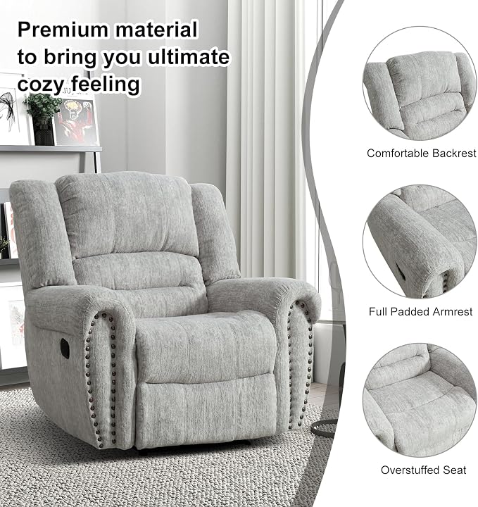 INZOY Recliner Chair, Heavy Duty Manual Reclining Sofa Single Lounge Sofa for Living Room, Home Theater Seating, Grey White