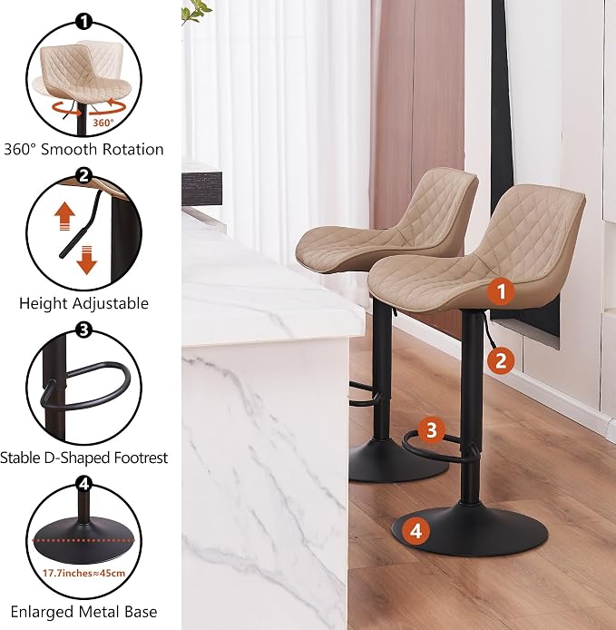 YOUTASTE Khaki Bar Stools Set of 2, Mid-Century Modern Adjustable Swivel Counter Height Chairs with Back, Faux Leather Upholstery, Black Metal Base, Ideal for Kitchen, Island, Dining Room, Restaurant