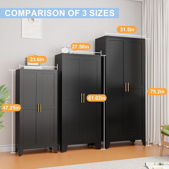 Black Metal Storage Cabinet, 48" Steel Cabinets for Home Office | Kitchen Pantry Storage Cabinet with Doors and 3 Adjustable Shelves, for Office, Home, Garage, School