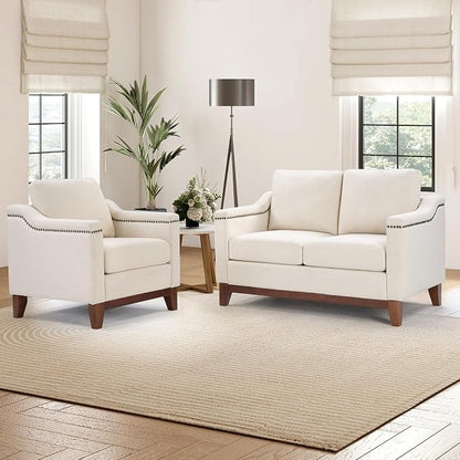 HAOMARKETS 2 Piece Fabric Sofa Set with Nailhead Trim, Included Fabric Accent Chair with Thicked Cushion, Upholstered Loveseat with Solid Wood Legs, Living Room Furniture Set,Beige
