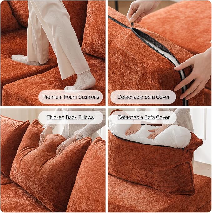 Rexulqo Oversized Accent Chair with All Seats Storage,Comfy Living Room Chairs with 2 Throw Pillow,Upholstered Mid-Century Armchair,24.5'' Deep Seat,Reading Chair for Bedroom,Office,Chenille,Orange