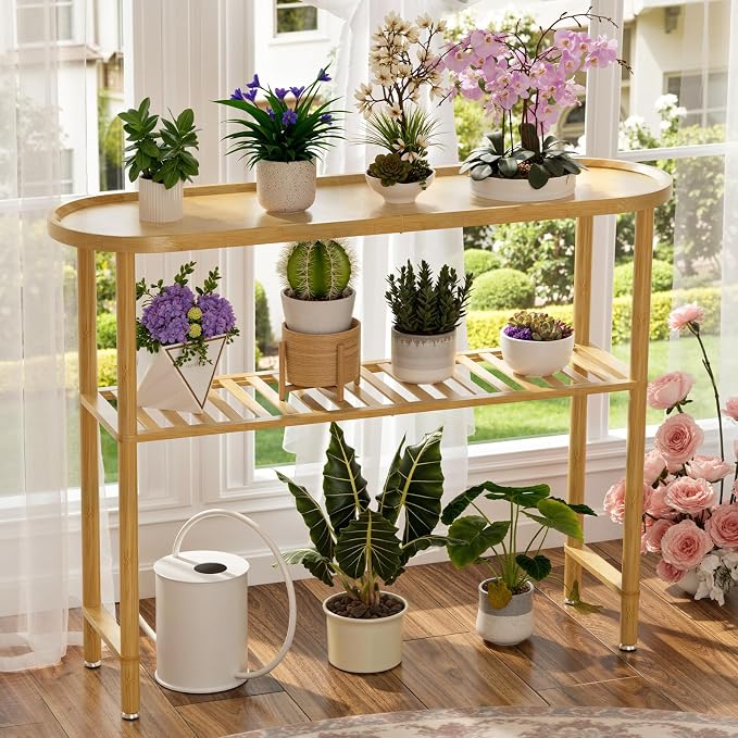 Narrow Console Table Bamboo 39.4", Modern Entryway Table for Hallway Oval Top, Sofa Console Table with Anti-Fall Edge, TV Stand for Living Room, Indoor Outdoor Plant Stand, 5min Easy Assembly