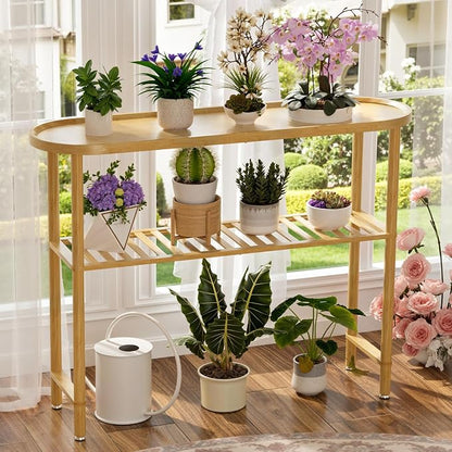 Narrow Console Table Bamboo 39.4", Modern Entryway Table for Hallway Oval Top, Sofa Console Table with Anti-Fall Edge, TV Stand for Living Room, Indoor Outdoor Plant Stand, 5min Easy Assembly