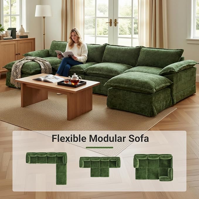 Claiks 157" Modular Boneless Couch, U Shaped Couch for Living Room, Modern Deep Seat Sofa 4 Seater Chenille Fabric Comfy Cloud Couches with Movable Ottoman, Dark Green