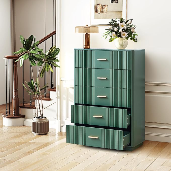 Fluted 5 Drawers Dresser for Bedroom, 47" Tall Modern Chest of Drawers with Metal Handle, Wooden Dresser TV Stand, Wood Closet Clothes Storage Organizer for Living Room, Hallway, Green
