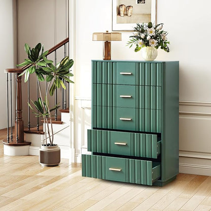 Fluted 5 Drawers Dresser for Bedroom, 47" Tall Modern Chest of Drawers with Metal Handle, Wooden Dresser TV Stand, Wood Closet Clothes Storage Organizer for Living Room, Hallway, Green