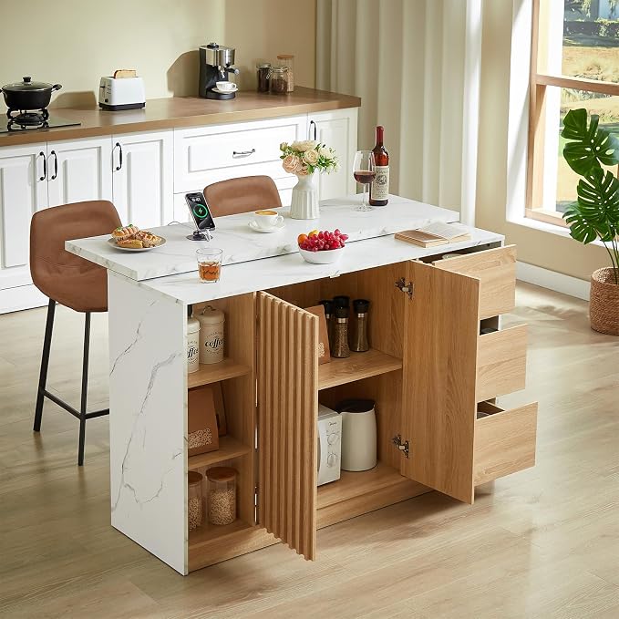 ONBRILL 55" Kitchen Island with Storage, Island Table with Sliding Extendable Countertop, Kitchen Island with Power Outlet for Kitchen, Dining Room, Living Room, White
