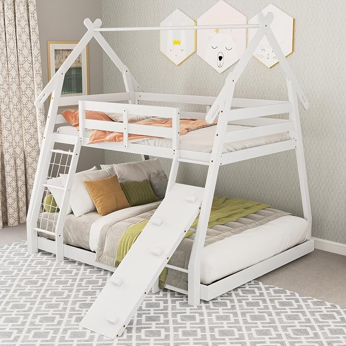 KOTEK Twin Over Queen Bunk Bed, House Bunk Beds with Climbing Nets and Ramp, No Box Spring Needed, Solid Wood Low Bunk Bed Frame for Kids Boys Girls (White)