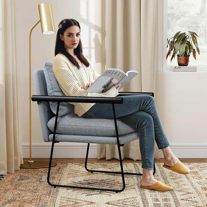 Furnilivng Large Sling Accent Chair, Comfortable Boucle Fabric Arm Chair, Upholstered Cozy Reading Chair for Living Room, Bedroom, Dressing Room, Home Office (Blue, Set of 2)