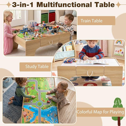 Costzon 110-Piece Wooden Train Table with Drawer for 3+ Years Old Toddlers | 3-in-1 Kids Activity Play Set w/ Reversible Tabletop, Storage Space, Train Tracks, Figures, Vehicles, and Buildings