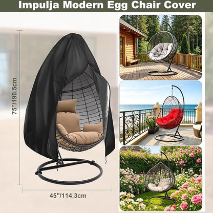 Egg Chair Cover Waterproof, 75x45 Inch Outdoor Hanging Egg Swing Chair Cover, Heavy Duty 420D Oxford Fabric, UV Resistant Windproof with Zipper & Drawstring, Fits Single Seat Egg Chair (Black)