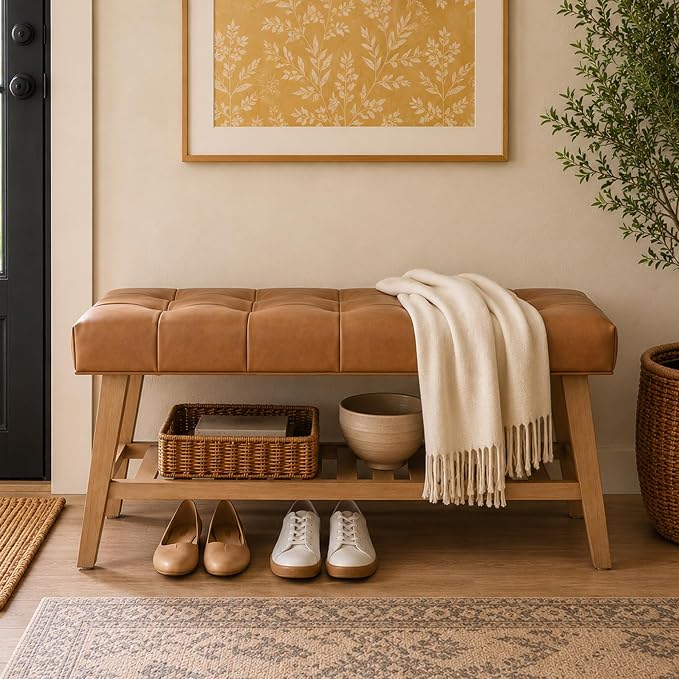 Kmax Entryway Bench with Shoe Storage, Leather Upholstered Wood Storage Bench for Living Room Window Bench for Bedroom End of Bed - PU, Brown