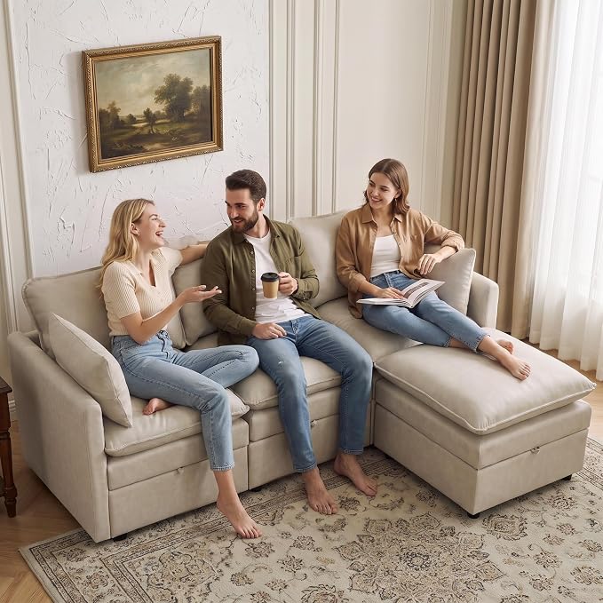 80" Beige Faux Leather Storage 3 Seater Sofa with Ottoman, Comfy Couch | Convertible Modular Sectional Sofa, L Shaped Oversized Couch, Upholstered Large Cloud Couch For Living Room, Apartment.