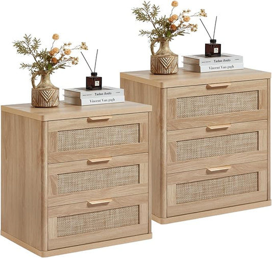 LEYAOYAO Rattan Night Stand with Drawers, 23" Large 3 Drawer Boho Nightstand, Natural Wood Bedside Table Storage Cabinet, Bed Side End Tables Dresser for Bedroom, Living Room, Hallway, Closet