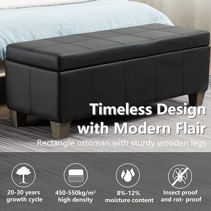 41" Storage Ottoman, Storage Bench with Safety Hinge, Upholstered Synthetic Leather Ottoman Bench for Bedroom, Living Room, Entryway, Hallway, Foot Rest, Support 500lbs, Black
