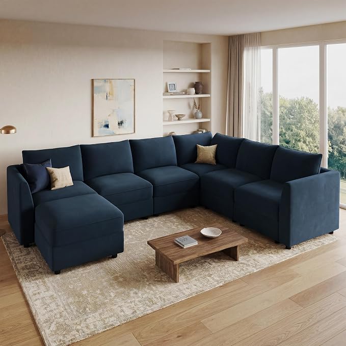 HONBAY Modular Sectional Sofa with Storage U Shape Sectional Sofa Velvet Sectional Couches for Living Room,Dark Blue