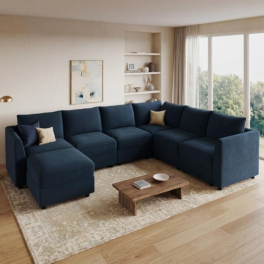 HONBAY Modular Sectional Sofa with Storage U Shape Sectional Sofa Velvet Sectional Couches for Living Room,Dark Blue