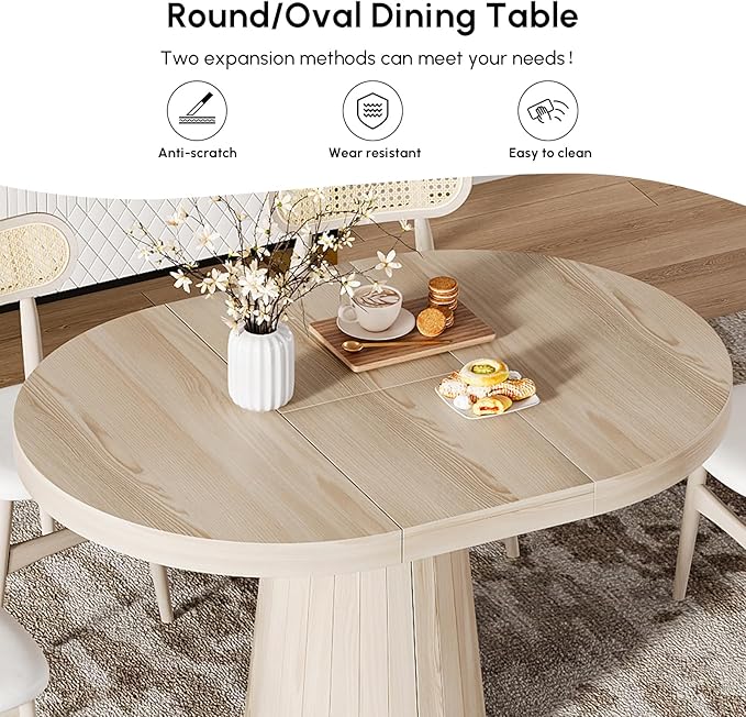 homary Extendable Dining Table for 6,Round to Oval 39"-55", Solid Wood Kitchen Table, Space-Saving Design for Small Spaces & Family Gatherings