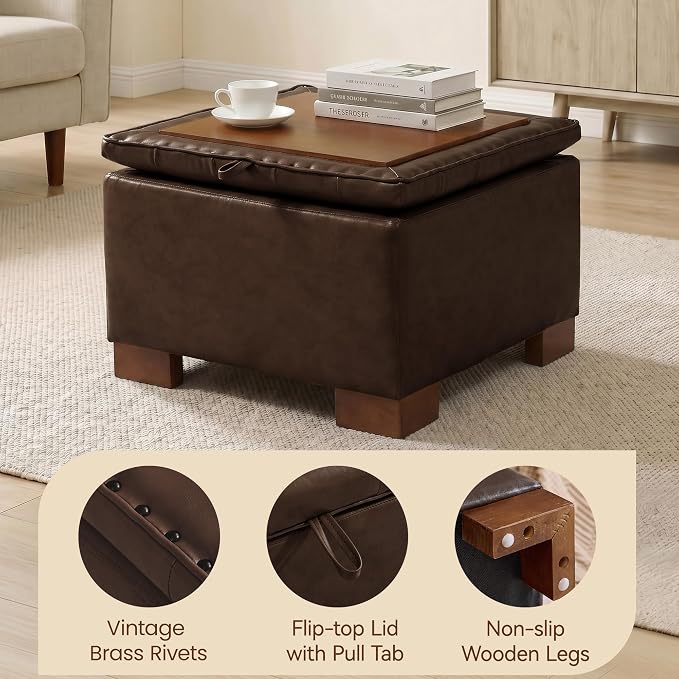 24 Inch Square Storage Ottoman Coffee Table, Modern Tufted Upholstered Ottoman with Flip Tray and Solid Wood Legs, Suitable for Living Rooms, Faux Leather Coffee