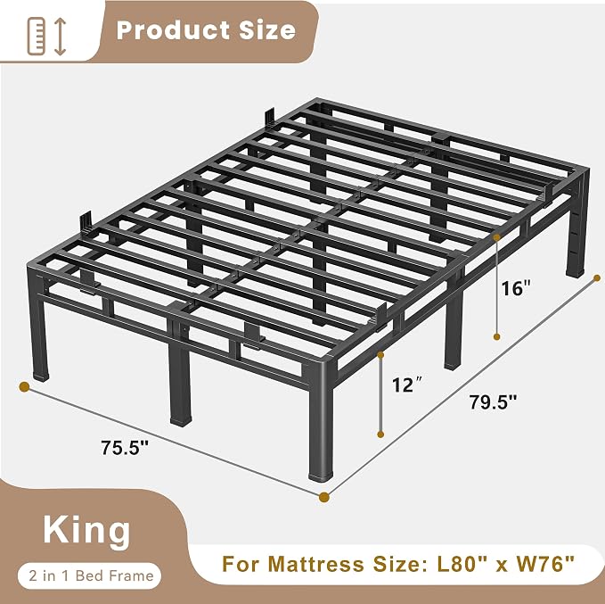 ROIL 16 Inch King Bed Frame, Double Layer Metal Bed Frame with Round Corner Legs, 4000LBS Bed Frame & Box Spring 2 in 1 Platform with Headboard Holes Mattress Baffles, Noise-Free Easy Assembly