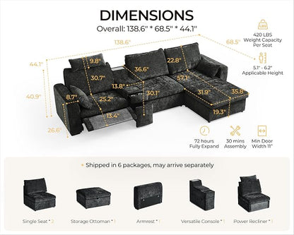 138.6'' Oversized Power Recliner Sofa with Headrest, Modular Cloud Sectional Couch with Convertible Table, Charging, Drawer, Cup Holder, 4-Seater with Storage Ottoman, Chenille, Black