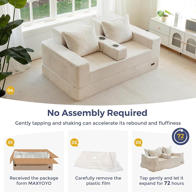 MAXYOYO Loveseat Sofa Bed, 64" Foldable Floor Sofa Couch in A Box with 2 Cup Holders, 4 in 1 Convertible Boneless Couch Folding Recliner Chair for Living Room, No Assembly Required, Beige